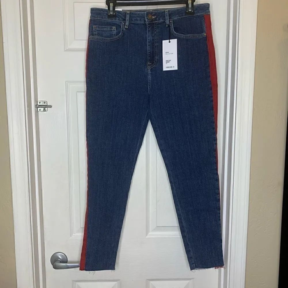 Forever 21 High Rise Skinny Raw Hem Red Stripe